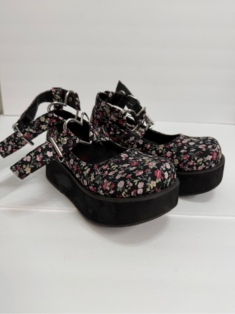 Demonia Black Floral Platform Mary Janes with Pink Accents